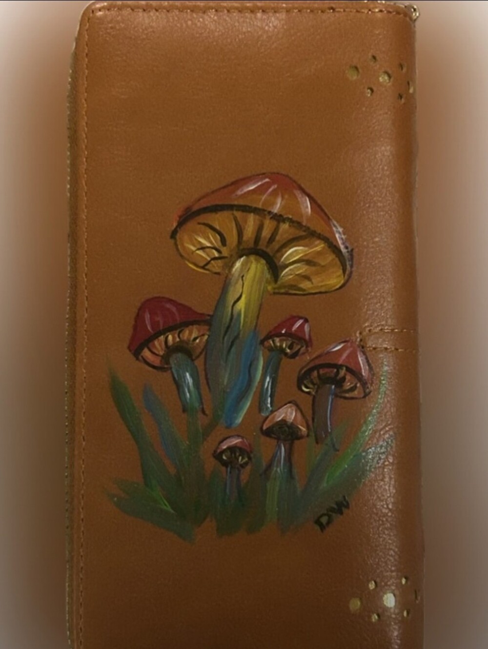 Hand-Painted Mushroom Leather Wallet - Tan